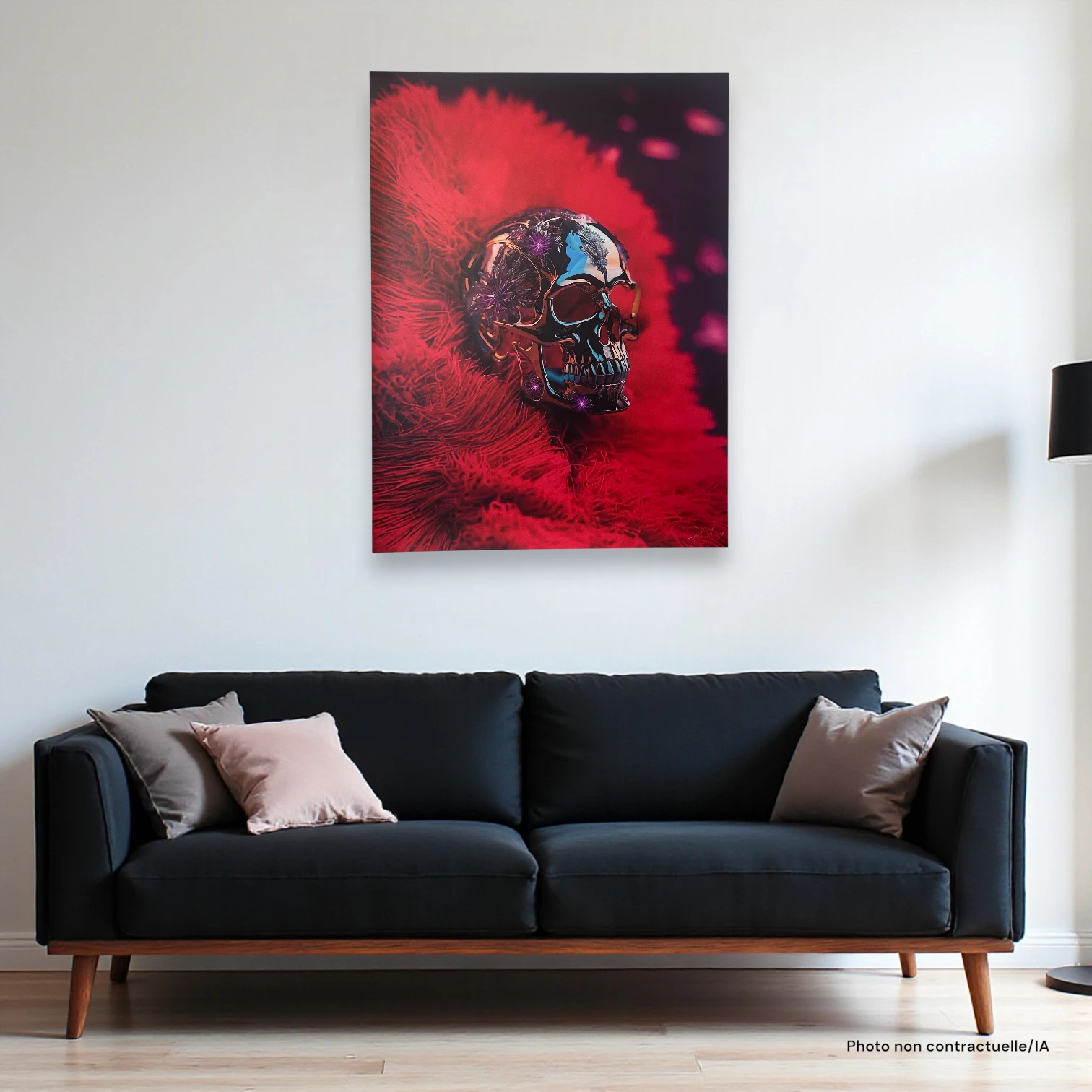 Tableau Calixte au-dessus d'un canapé en velours noir avec coussins, dans un salon moderne aux murs blancs.