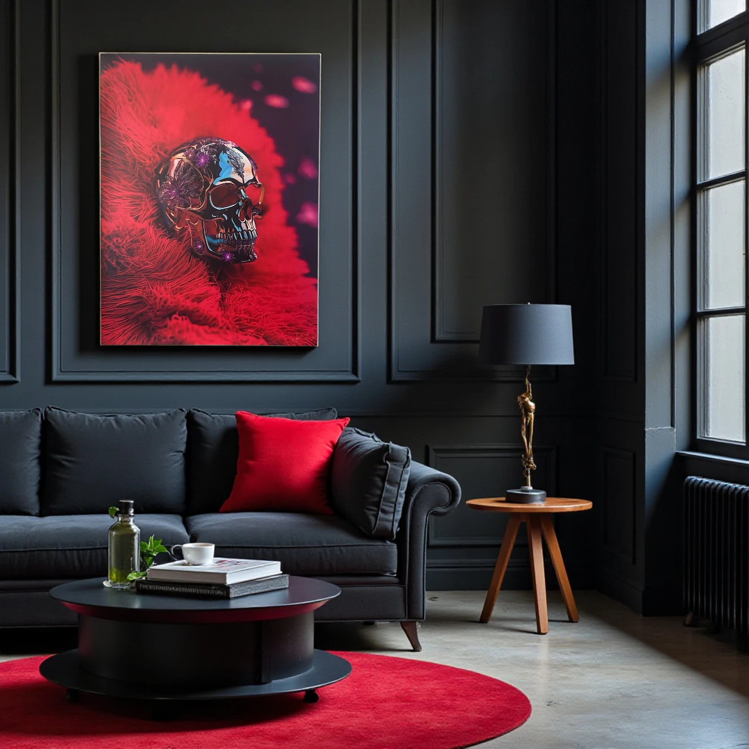 Tableau FLT Calixte - Tête de mort et fourrure rouge accroché au mur au-dessus d'un canapé en velour noir, dans un salon de luxe moderne