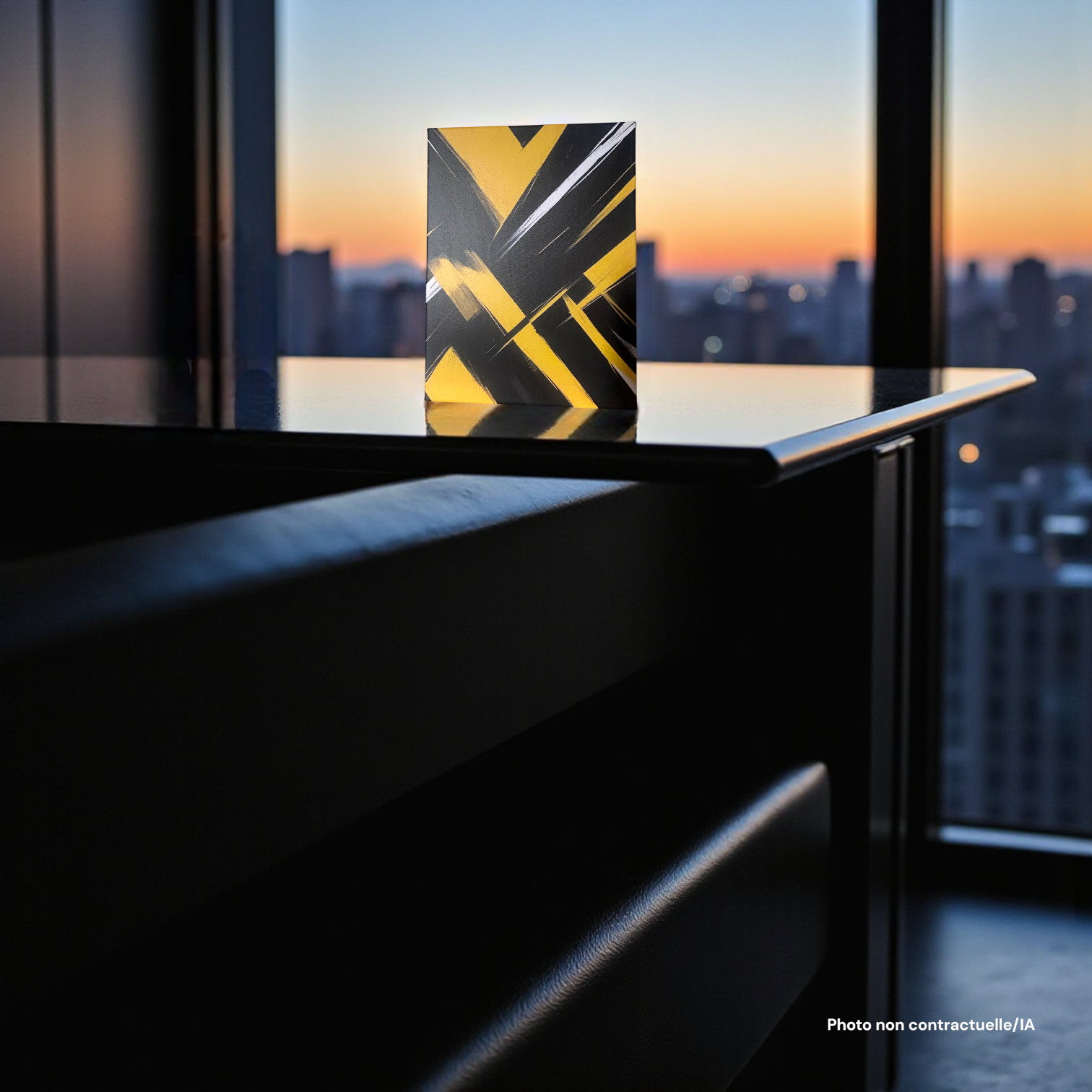 Tableau "Énergie du bitume" en format vertical, posé dans un appartement moderne en hauteur avec une vue sur une ville au coucher du soleil