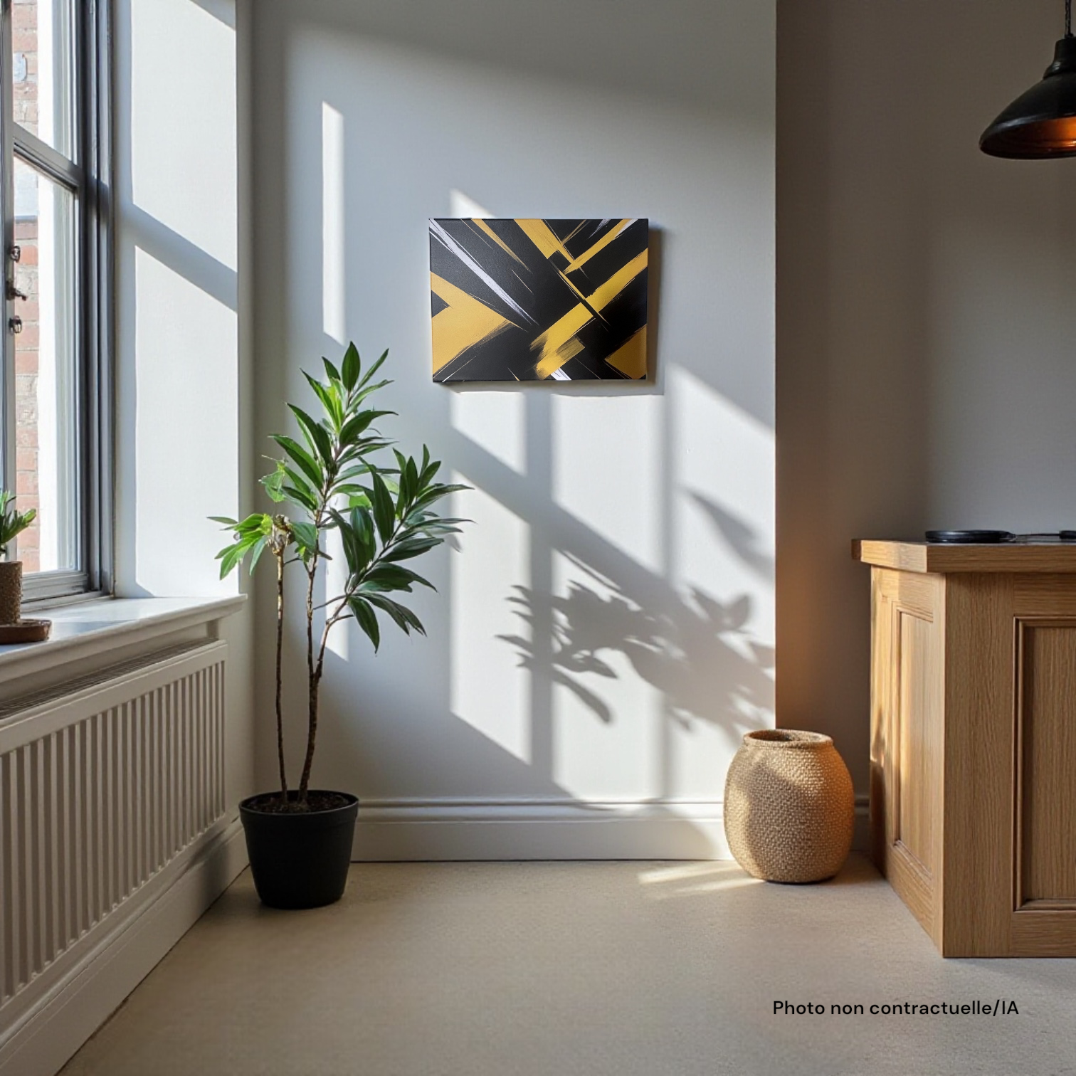 Tableau sur toile "Energie du Bitume" accrochée dans un intérieur moderne et lumineux avec une plante verte.