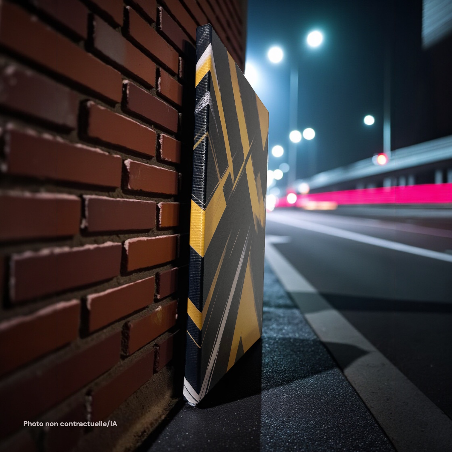 Ambiance urbaine nocturne avec un mur en briques, des rayures jaunes et noires de sécurité, et des traînées lumineuses rouges de véhicules