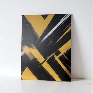 Tableau sur toile "Energie du Bitume", art abstrait jaune et noir , posé sur une étagère blanche.