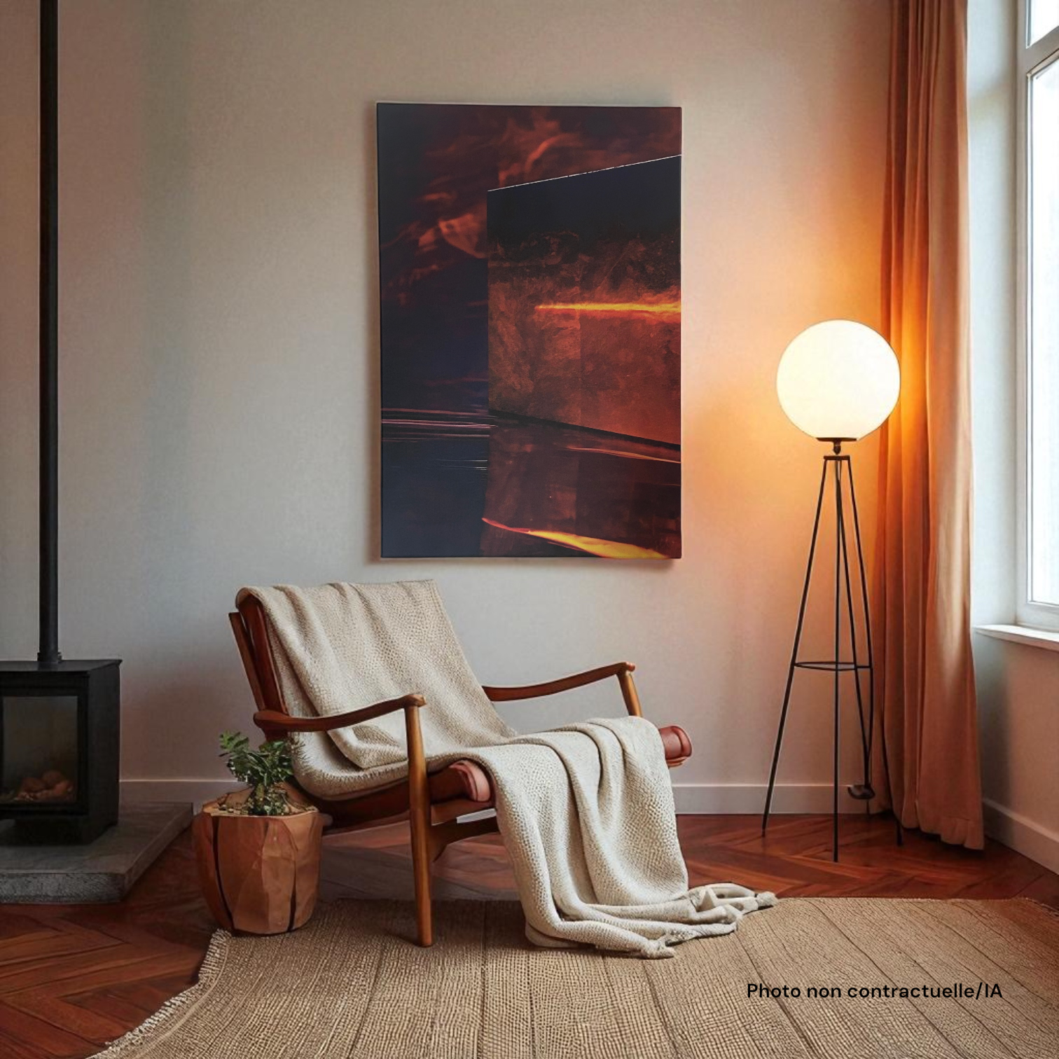 Tableau Le Portail du Brasier accroché au mur au-dessus d'un fauteuil dans un salon moderne.
