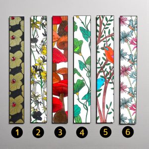Assortiment de Marque-pages Illustrés FLT artisanaux et originaux, collection de motifs variés incluant fleurs botaniques, graphiques, Art nouveau et design coloré. Série 1