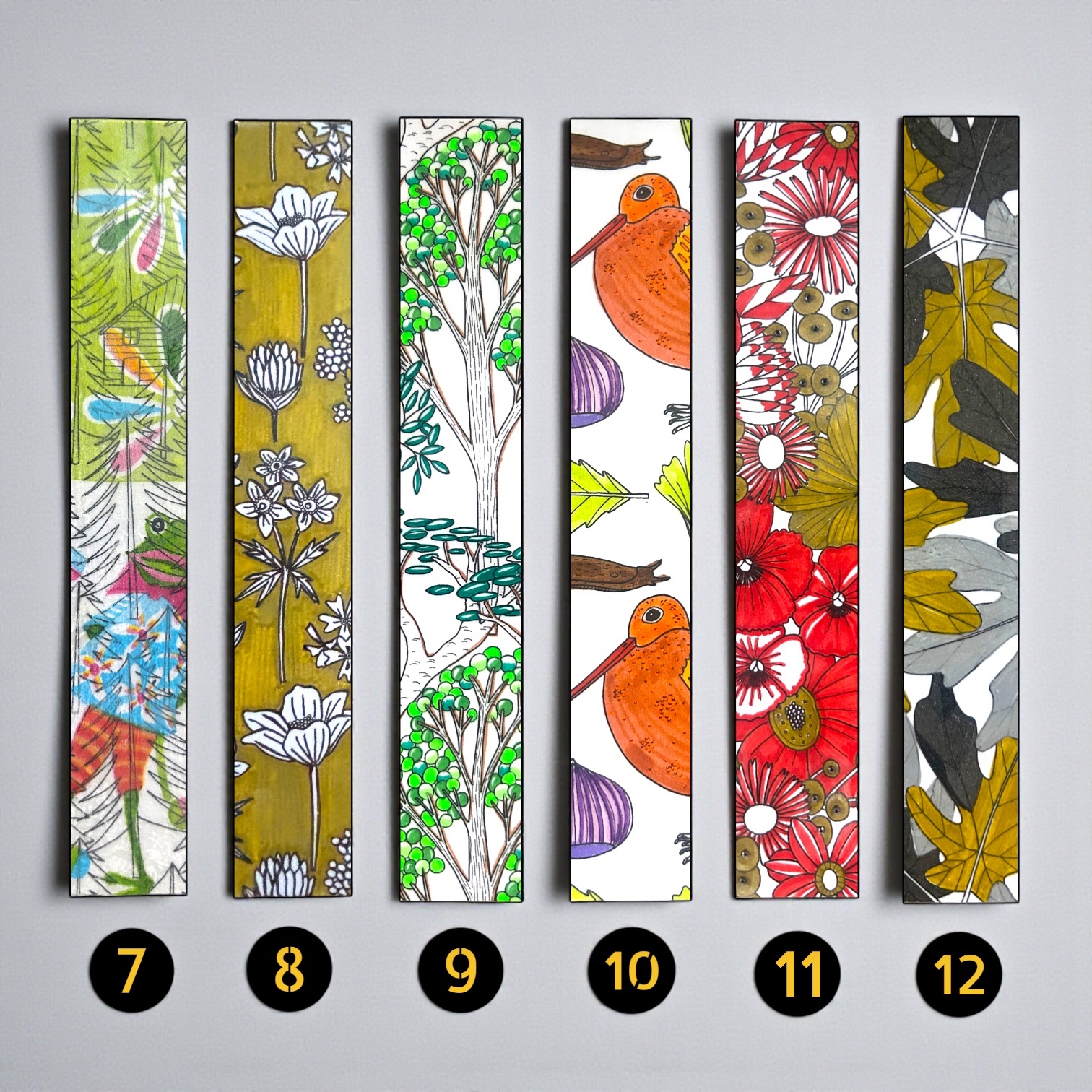 Assortiment de Marque-pages Illustrés FLT artisanaux et originaux, collection de motifs variés incluant fleurs botaniques, graphiques, Art nouveau et design coloré. Série 2