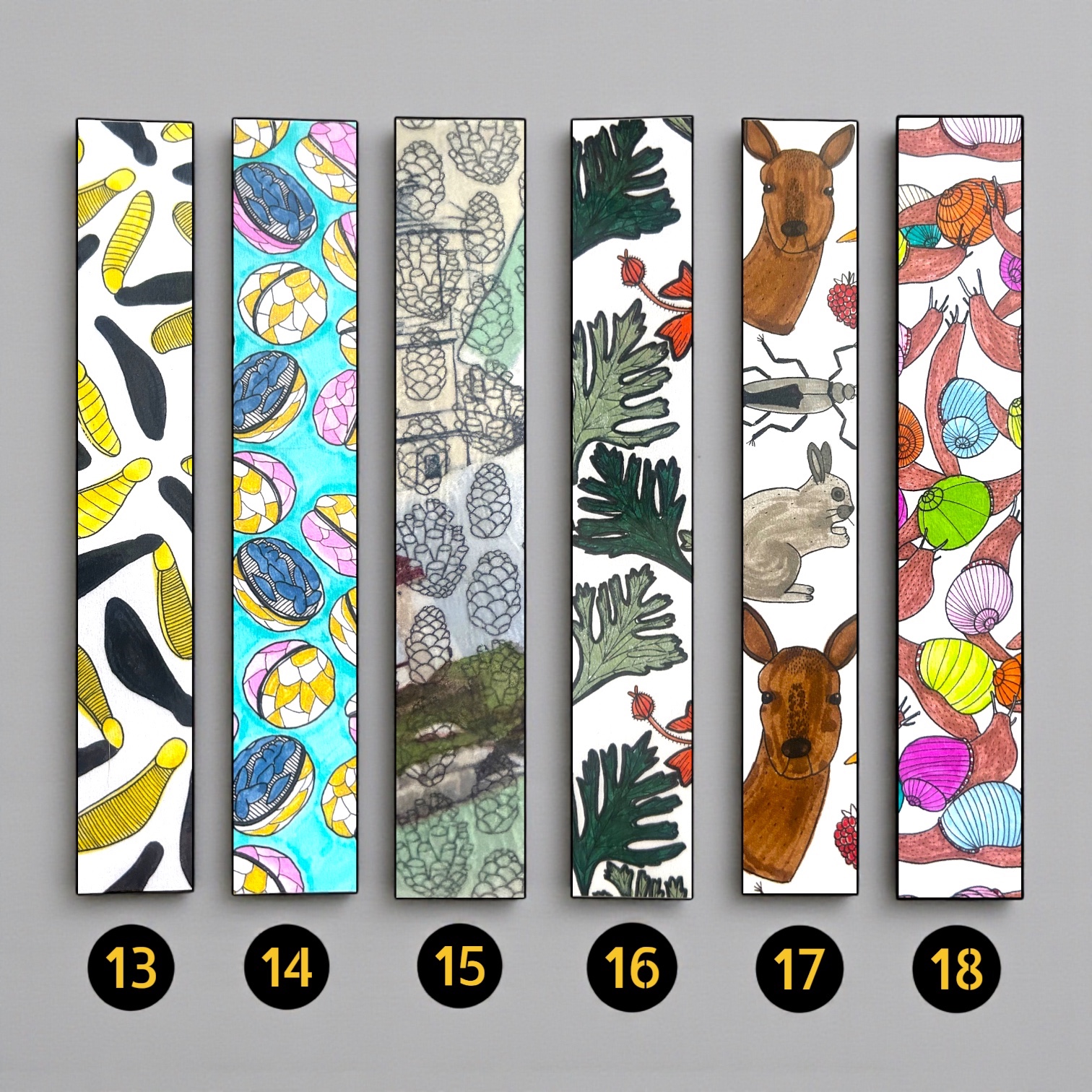 Assortiment de Marque-pages Illustrés FLT artisanaux et originaux, collection de motifs variés incluant fleurs botaniques, graphiques, Art nouveau et design coloré. Série 3