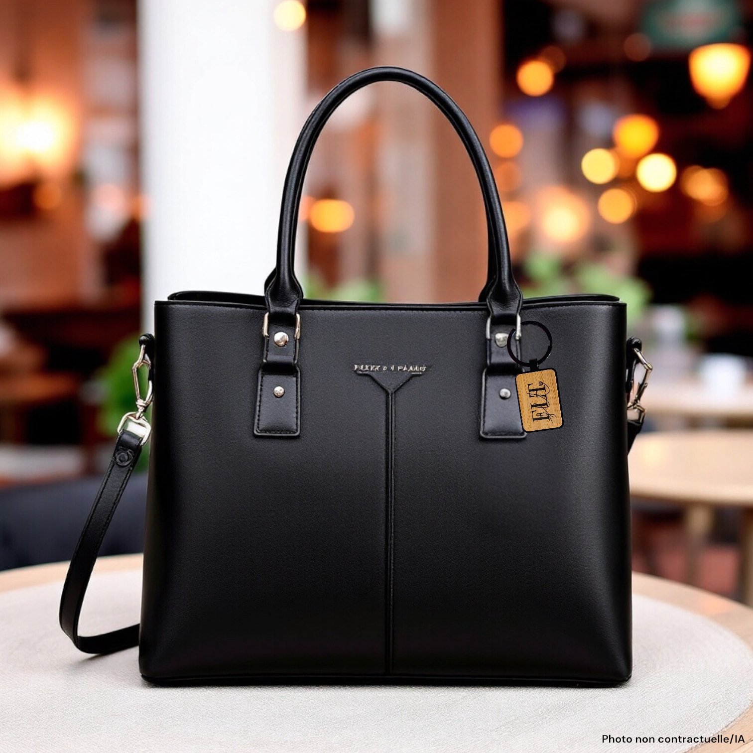 Porte-clés métal et bambou FLT accroché à un sac à main pour femme.