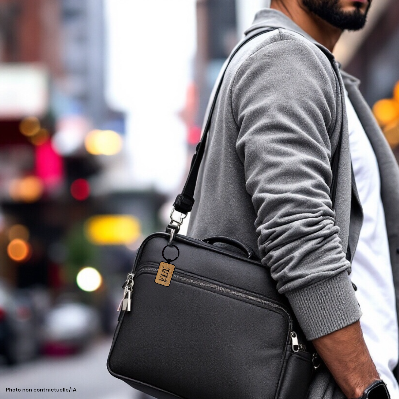 Porte-clés métal et bambou FLT accroché à un sac pour homme.
