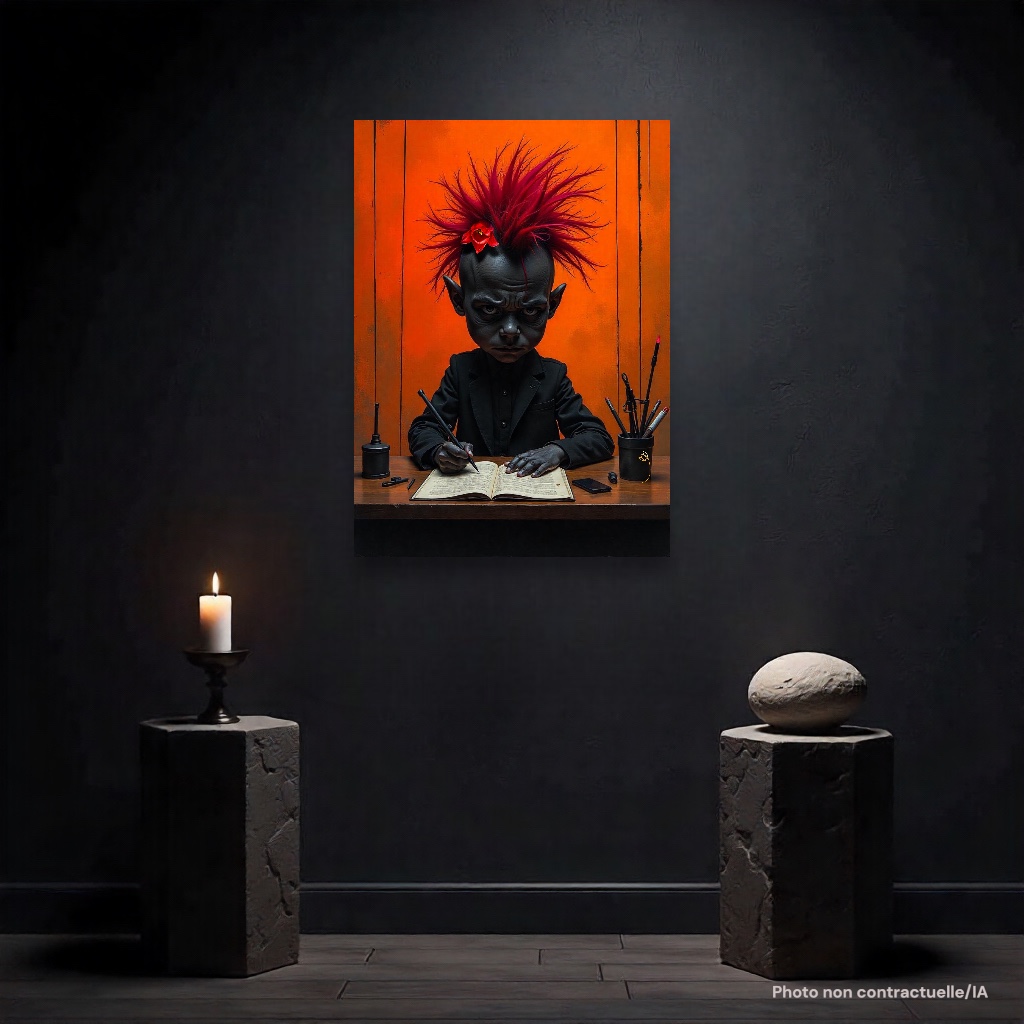 Le poster 'Malice Noire' de FLT mis en scène sur un fond noir, créant une ambiance dramatique et un contraste saisissant.