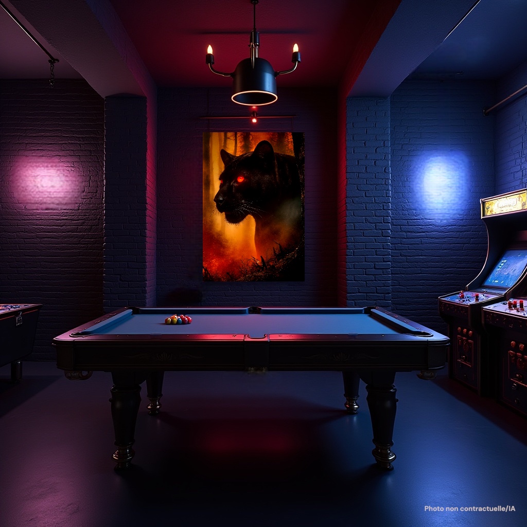 Vue du Poster photo FLT Anima Ignis dans une salle de jeux ou un bar. Décoration audacieuse créant une ambiance de divertissement haut de gamme et sophistiquée.