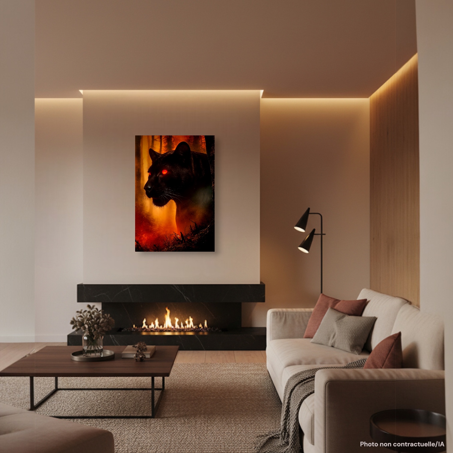 Poster photo FLT Anima Ignis exposé dans un salon design moderne avec cheminée. Décoration murale puissante mettant en valeur les teintes de feu du poster.