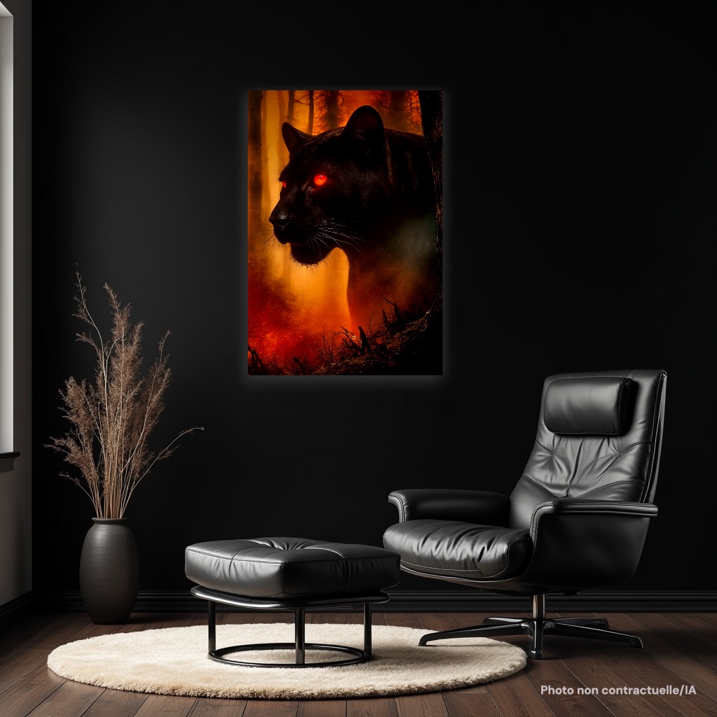 Vue du Poster photo FLT Anima Ignis dans une salle de repos sombre et moderne. Décoration murale créant une ambiance de luxe discret et de contemplation.