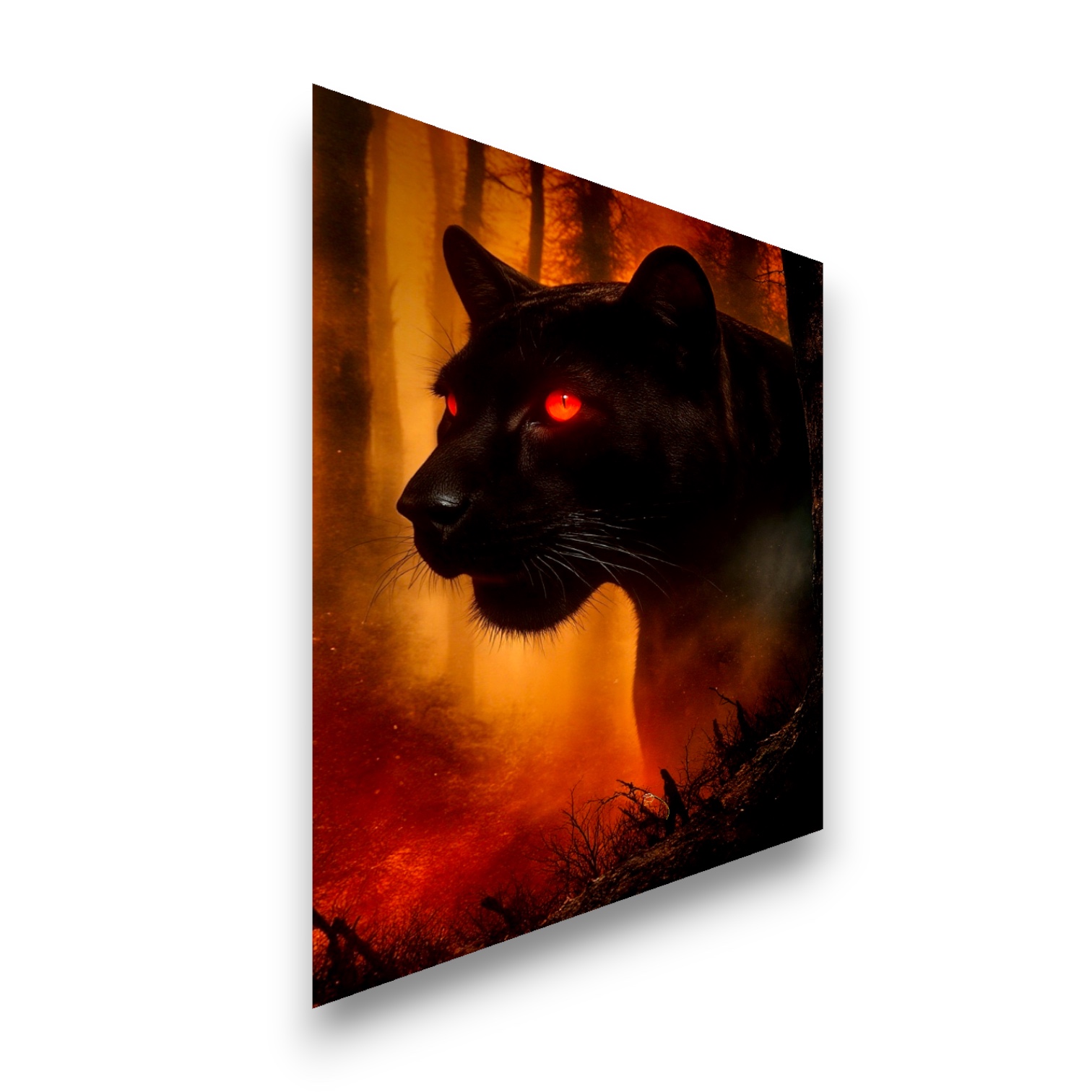 Vue rapprochée en perspective du Poster photo FLT Anima Ignis sur un mur, mettant en évidence l'éclat des couleurs rouge et orange de l'âme de feu.