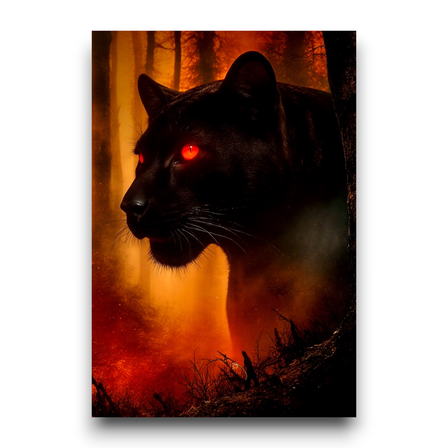 Poster Photo FLT Anima Ignis panthère noire aux yeux rouge feu devant une forêt brûlante. Décoration murale design puissant 40x60 cm.