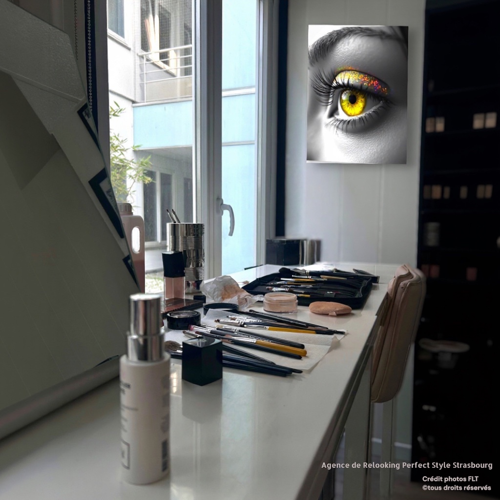 Poster "Genèse d'Or" de la marque FLT dans une agence de relooking.