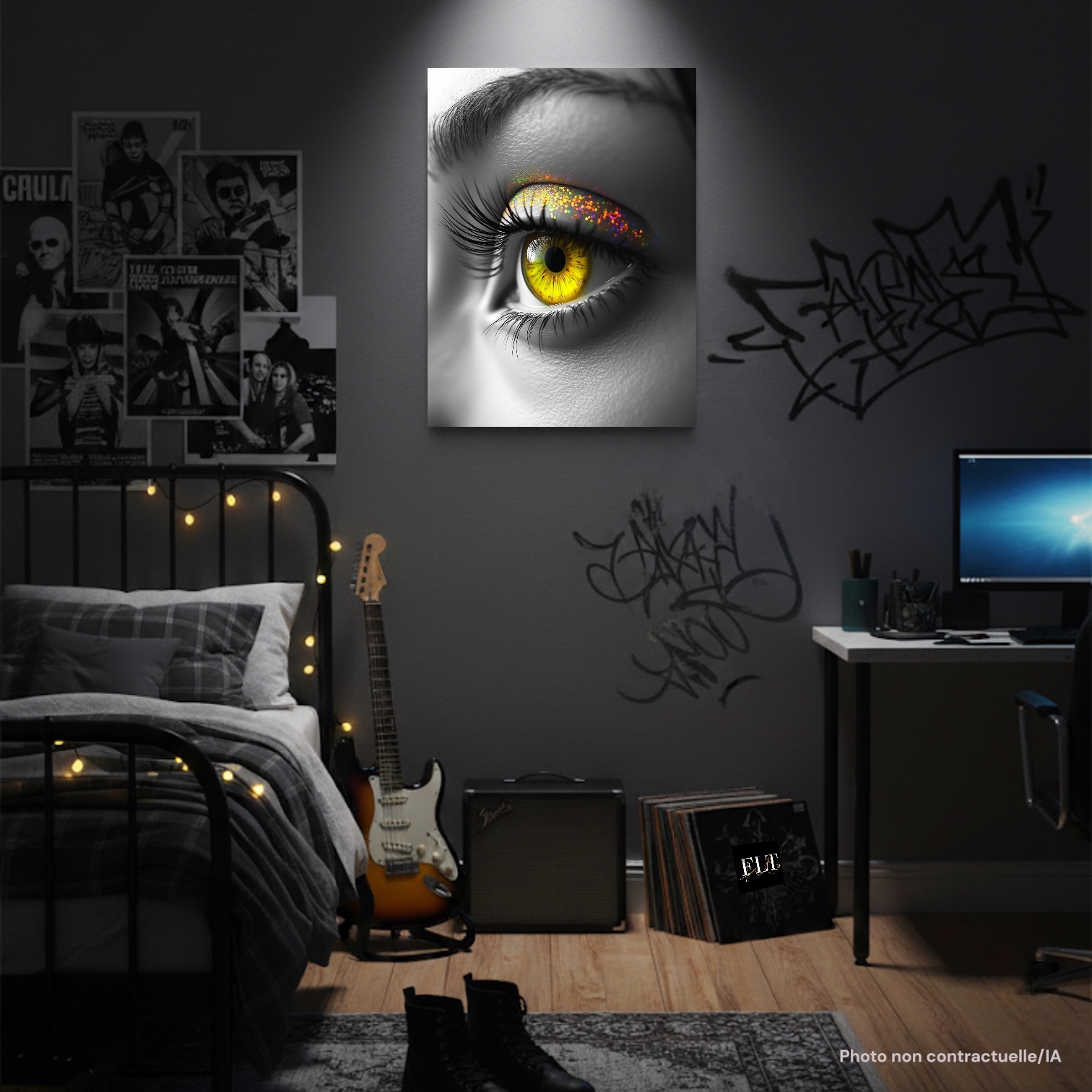 Poster "Genèse d'Or" de la marque FLT, exposé dans une chambre au style grunge.