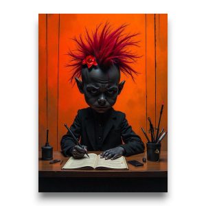 Poster Photo FLT | Malice Noire Illustration d'un enfant aux cheveux rouges et hérissés, assis à un bureau avec une bougie, pour l'art rebelle "Malice noire".