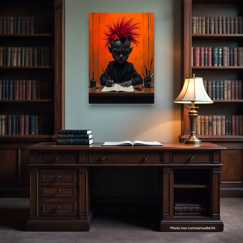 Le poster "Malice Noire" de FLT affiché dans une bibliothèque sombre, créant une ambiance rebelle et une décoration murale unique.