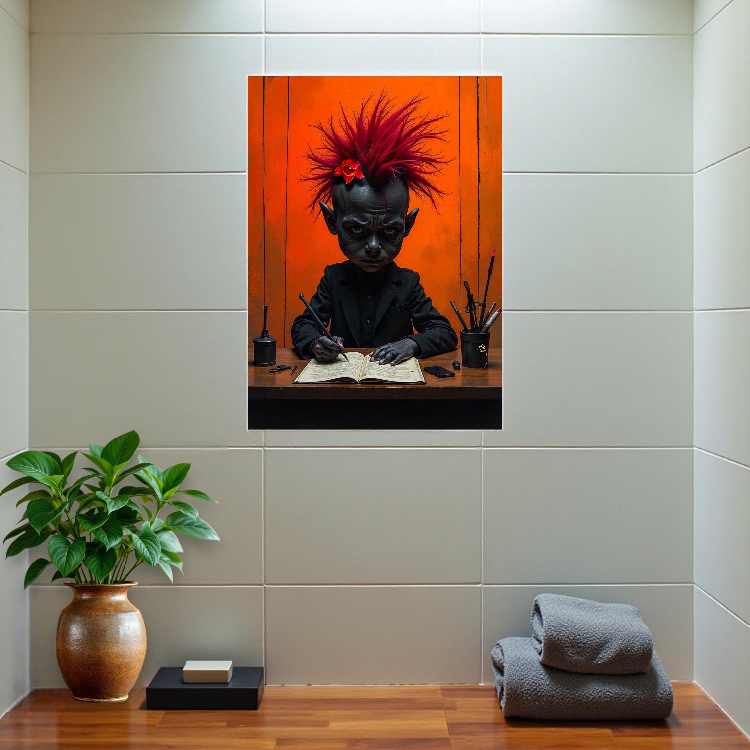 Le poster 'Malice Noire' de FLT dans une salle de bain moderne et épurée, une idée de décoration murale pour un intérieur audacieux et inattendu.