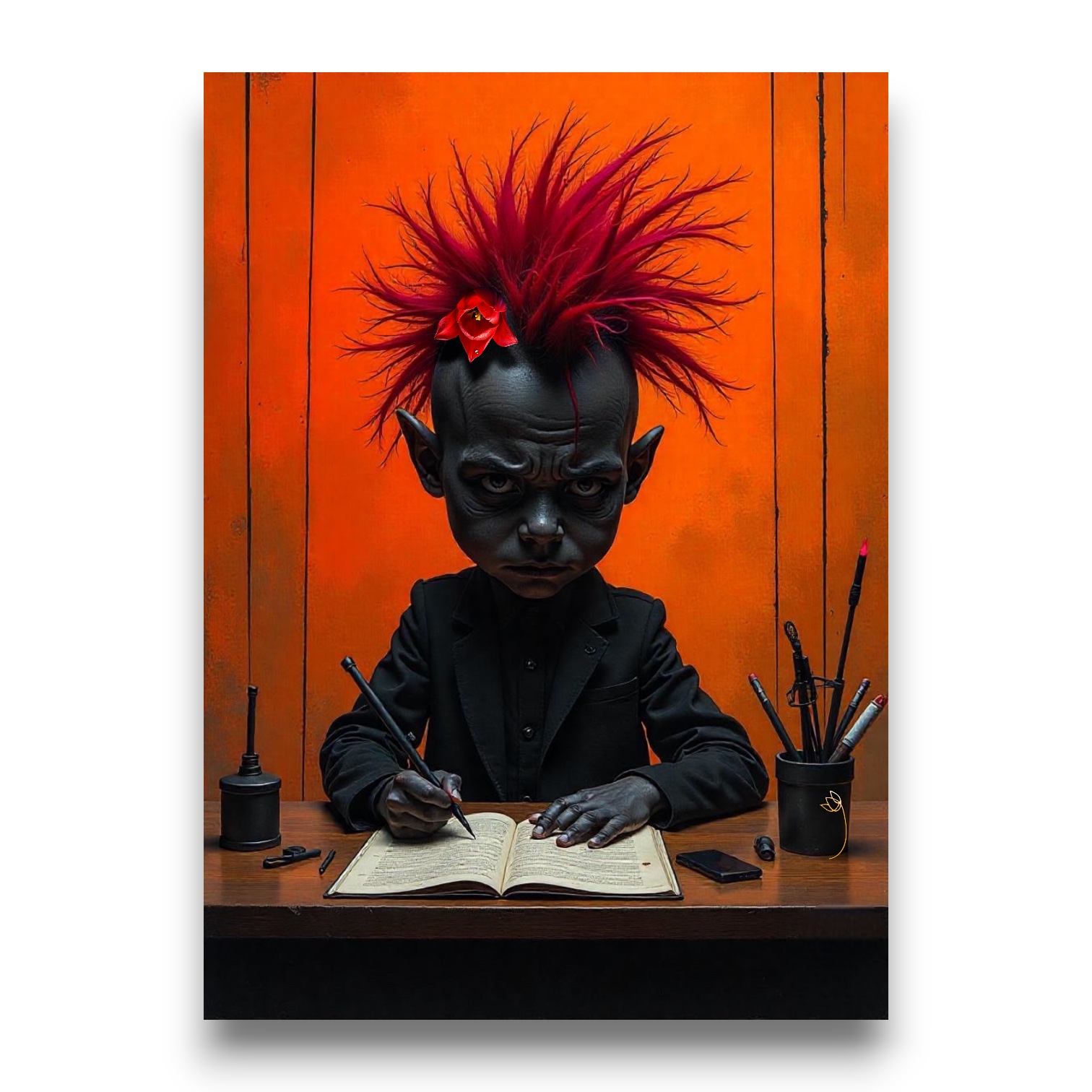 Poster Photo FLT | Malice Noire Illustration d'un enfant aux cheveux rouges et hérissés, assis à un bureau avec une bougie, pour l'art rebelle "Malice noire".
