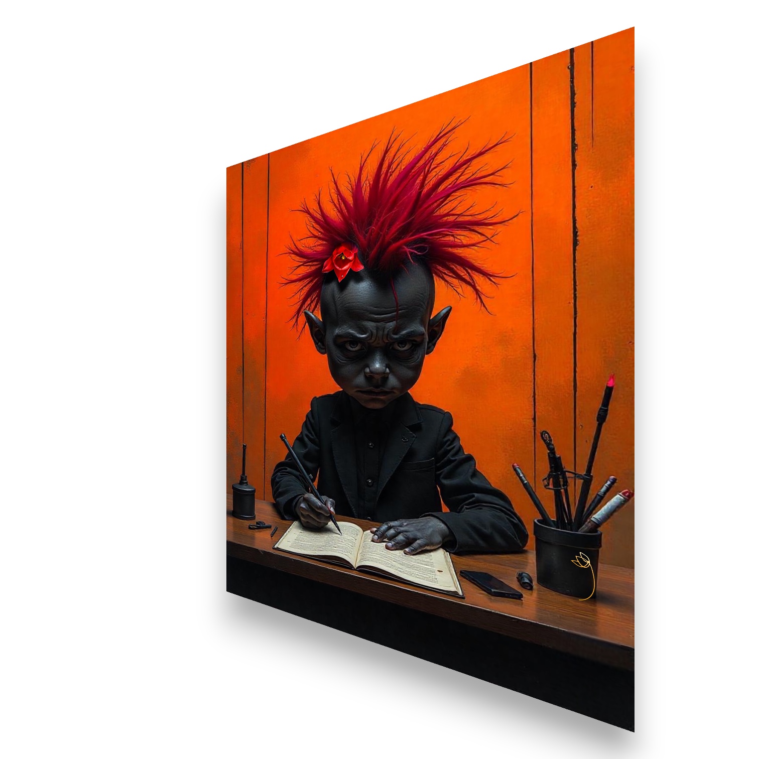 Vue de côté du Poster "Malice Noire" de FLT, montrant le cadre et la brillance du papier photo brillant Fujifilm.