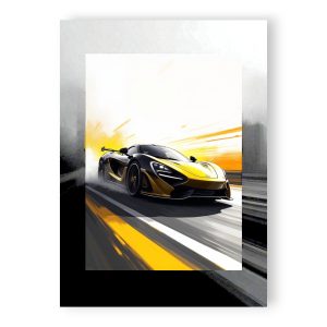Poster Photo FLT Urban Core : supercar jaune en mouvement, design luxe noir et jaune.
