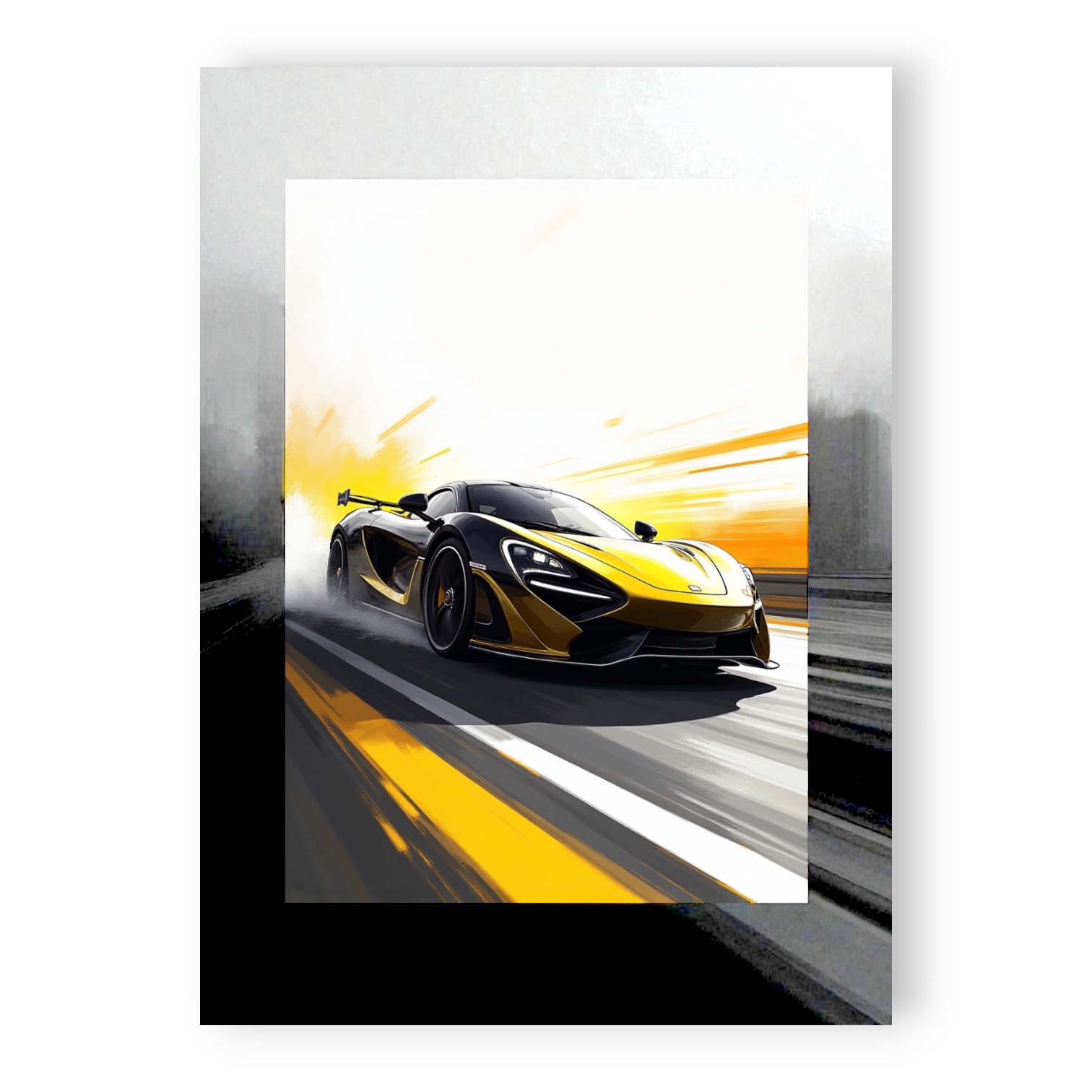 Poster Photo FLT Urban Core : supercar jaune en mouvement, design luxe noir et jaune.