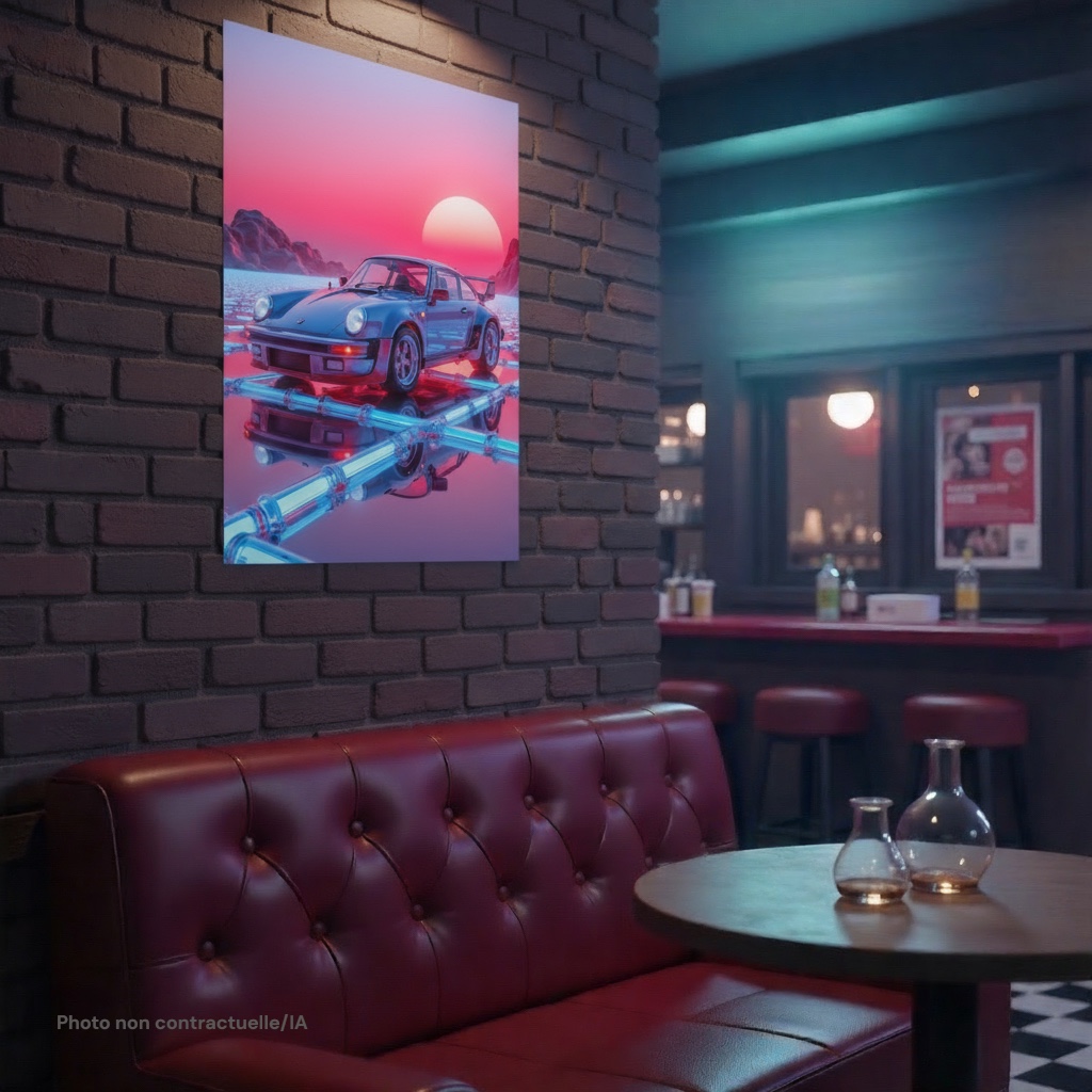 Poster Veine Chromée FLT, accroché sur un mur en briques dans un bar moderne.