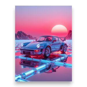 Poster Veine Chromée FLT, art abstrait voiture de sport, style synthwave néon, décoration murale.