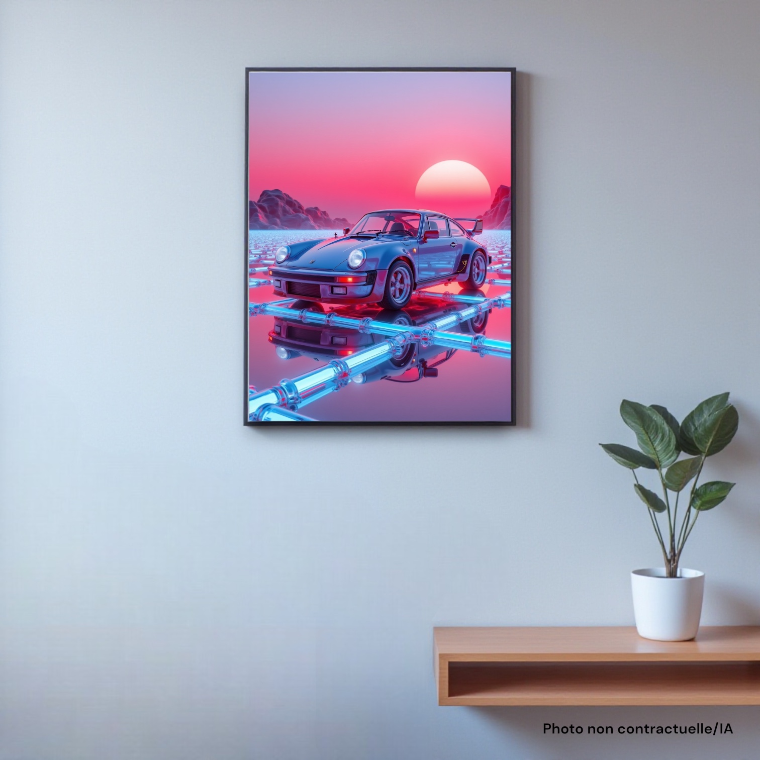 Poster Veine Chromée de FLT, accroché au mur au-dessus d'une étagère avec une plante.