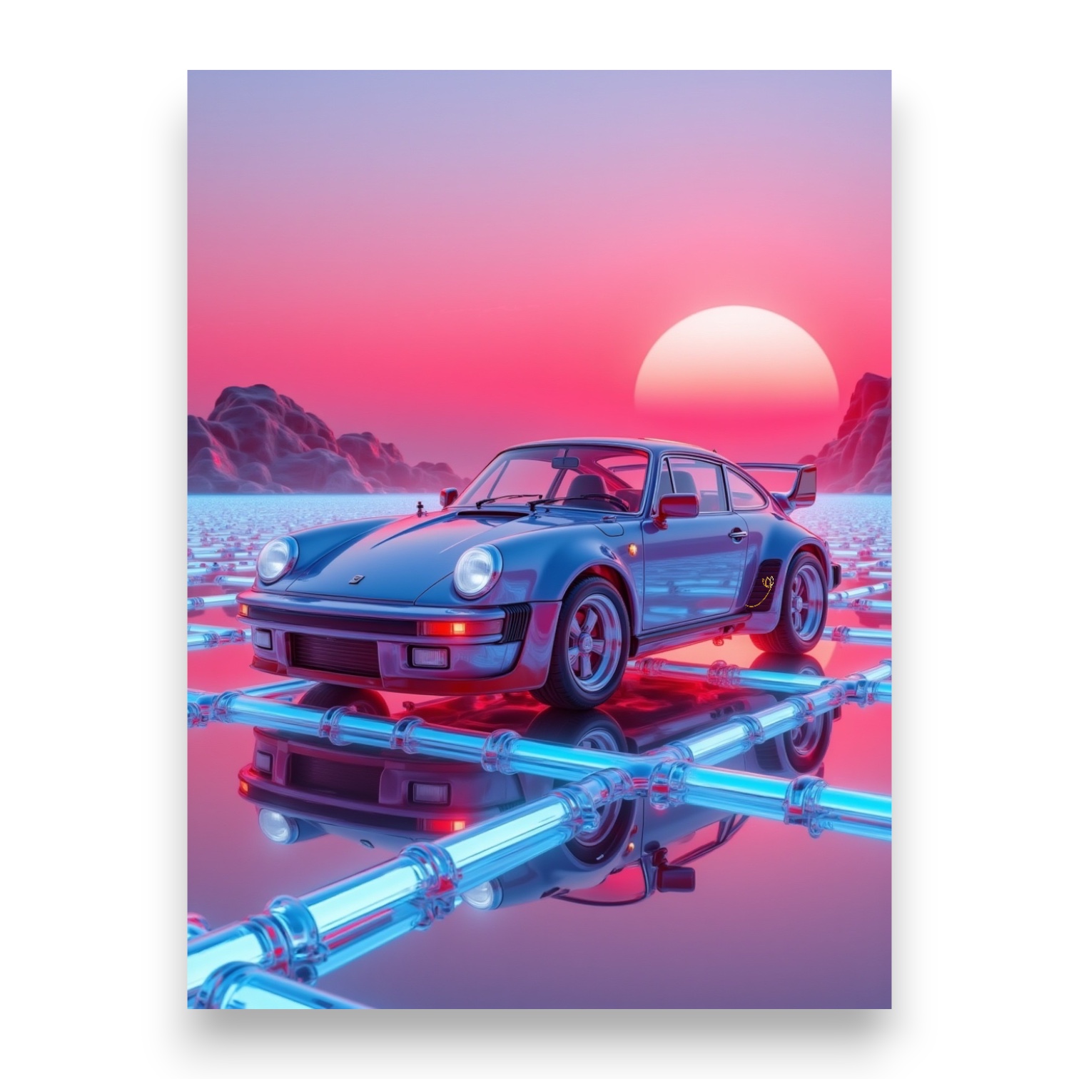 Poster Veine Chromée FLT, art abstrait voiture de sport, style synthwave néon, décoration murale.