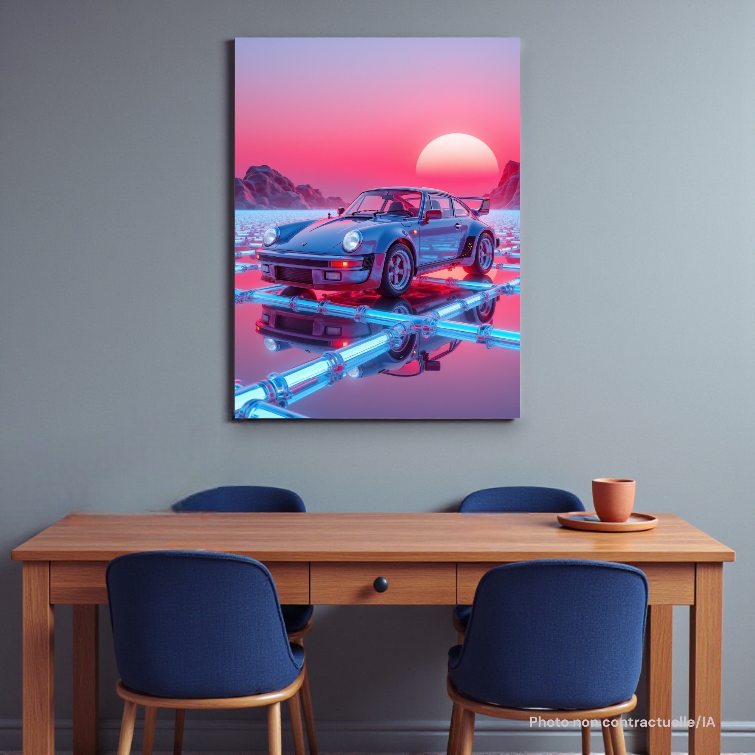 Poster Veine Chromée FLT dans une cuisine, accroché au-dessus d'une table et de chaises.