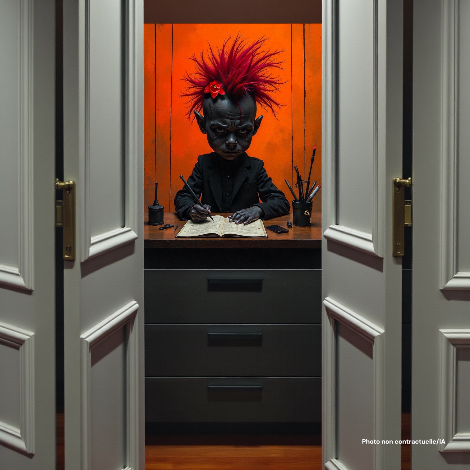 Le poster "Malice Noire" de FLT au-dessus d'une commode, illuminé par une lampe. Une idée de décoration murale pour un intérieur moderne et audacieux.