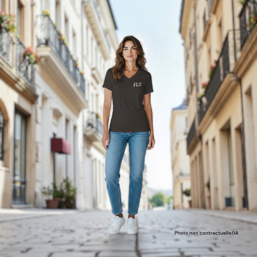 Femme marchant en T-shirt noir Urban Curve et jean décontracté, dans une rue pavée typique du sud de l'Europe.