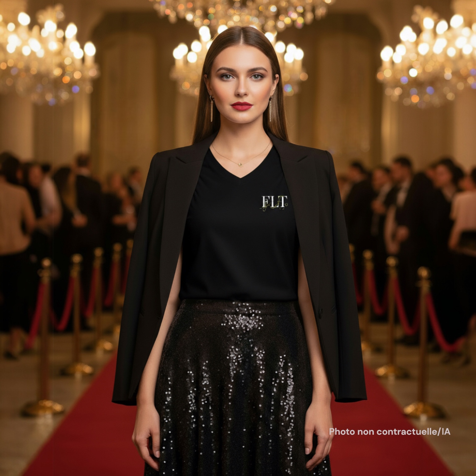 Femme élégante en T-shirt noir Urban Curve et jupe pailletée défilant sur un podium de luxe.