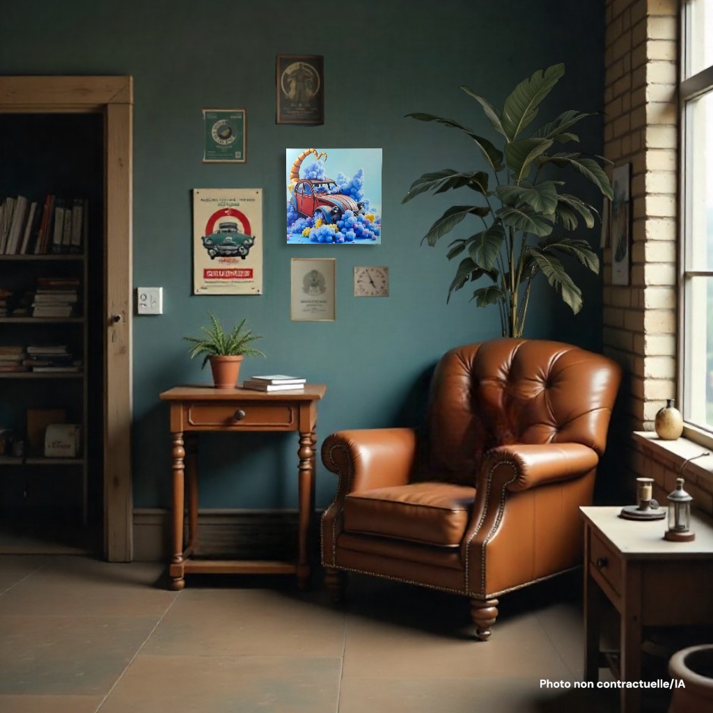 Tableau FLT Nuages en Vadrouille dans une pièce cosy avec fauteuil en cuir et une plante verte