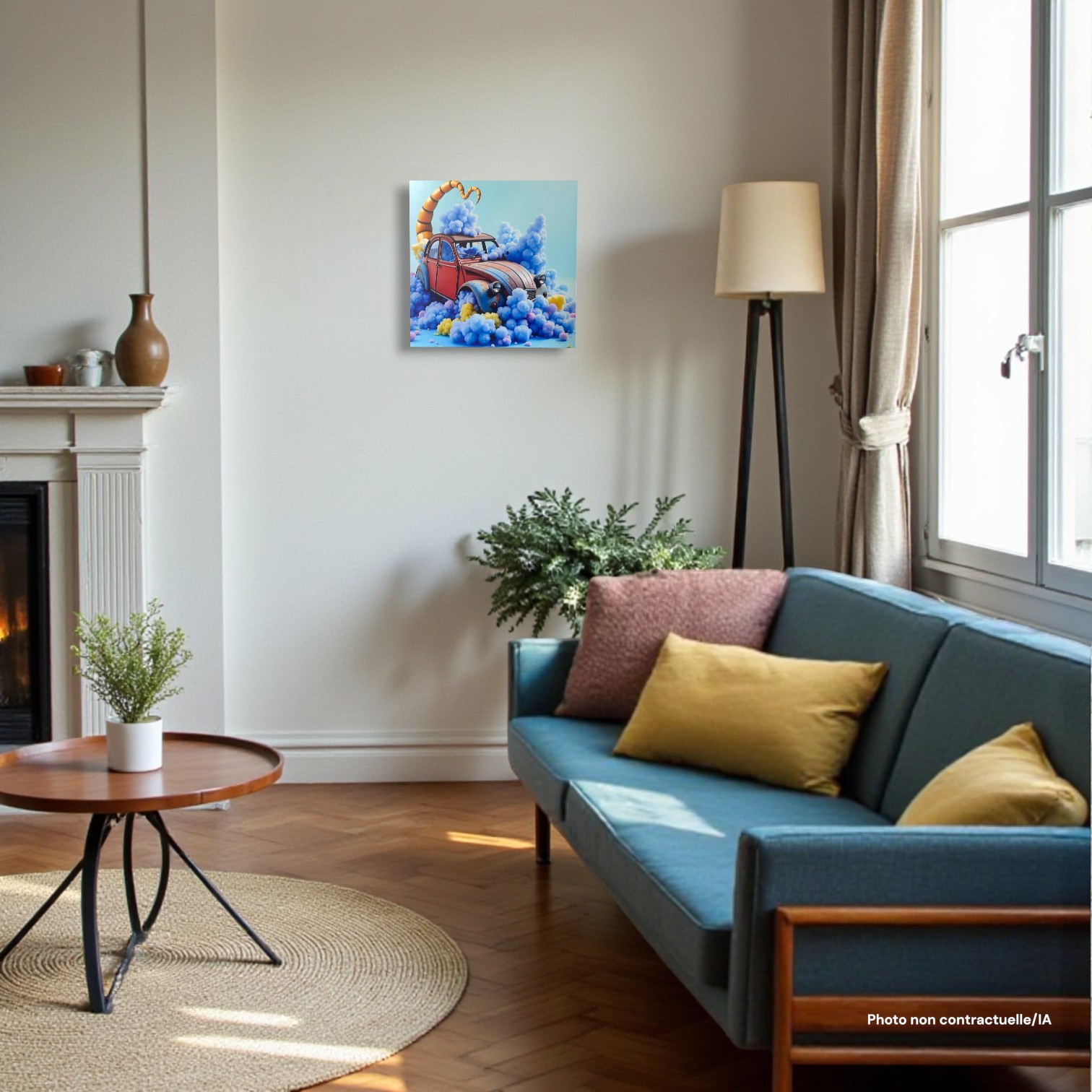 Tableau FLT Nuages en Vadrouille dans une pièce cosy avec fauteuil en cuir et plantes et cheminée.