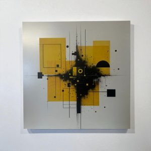 Tableau Photo FLT Art abstrait 50x50 cm, avec des carrés jaunes et une explosion de noir sur aluminium.