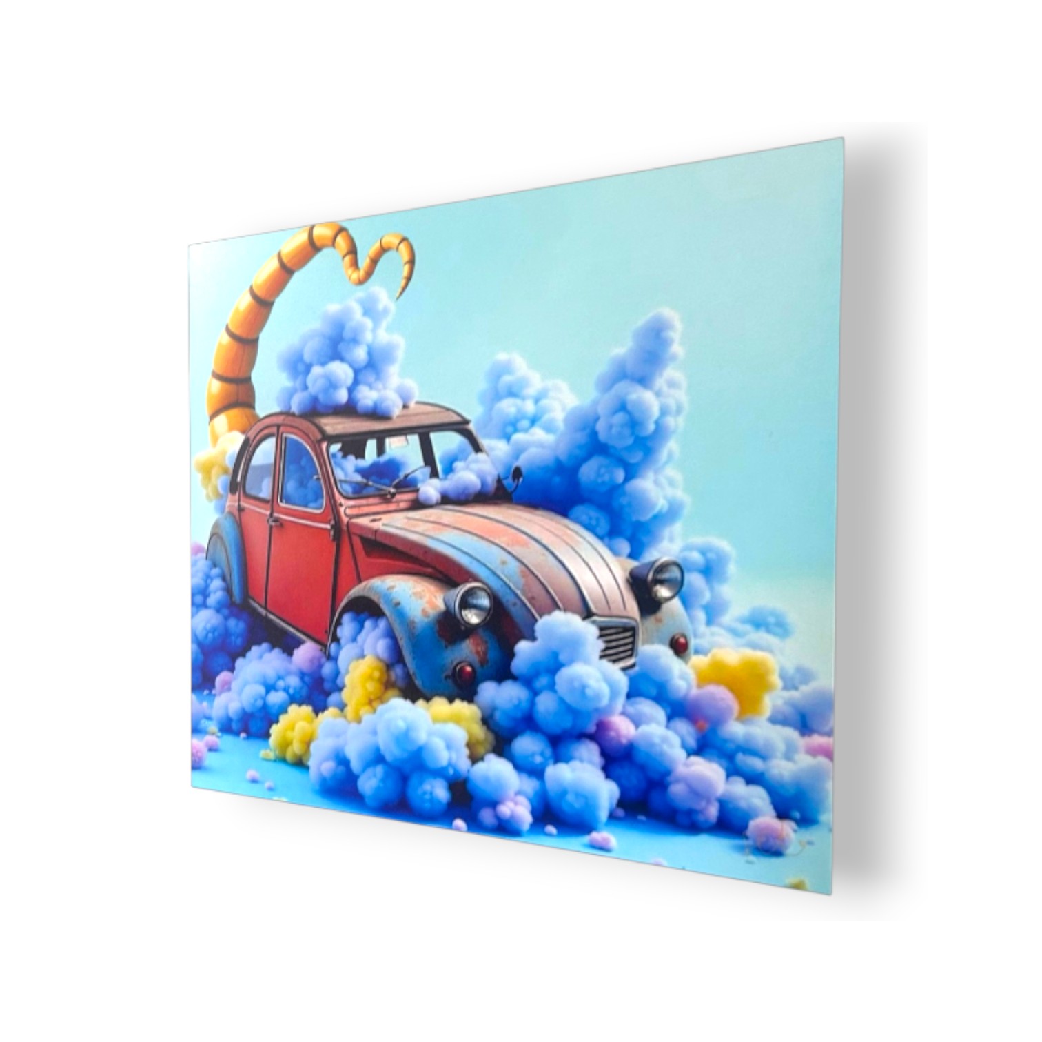 Tableau FLT Nuages en Vadrouille, une voiture rouge dans un univers de nuages de coton