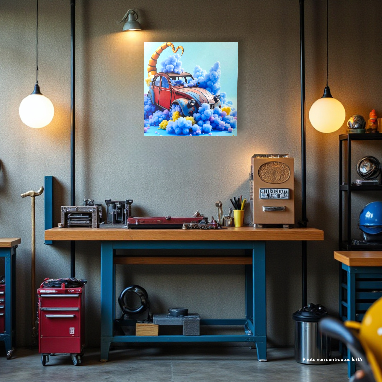 Tableau FLT Nuages en Vadrouille accroché dans un atelier moderne et minimaliste