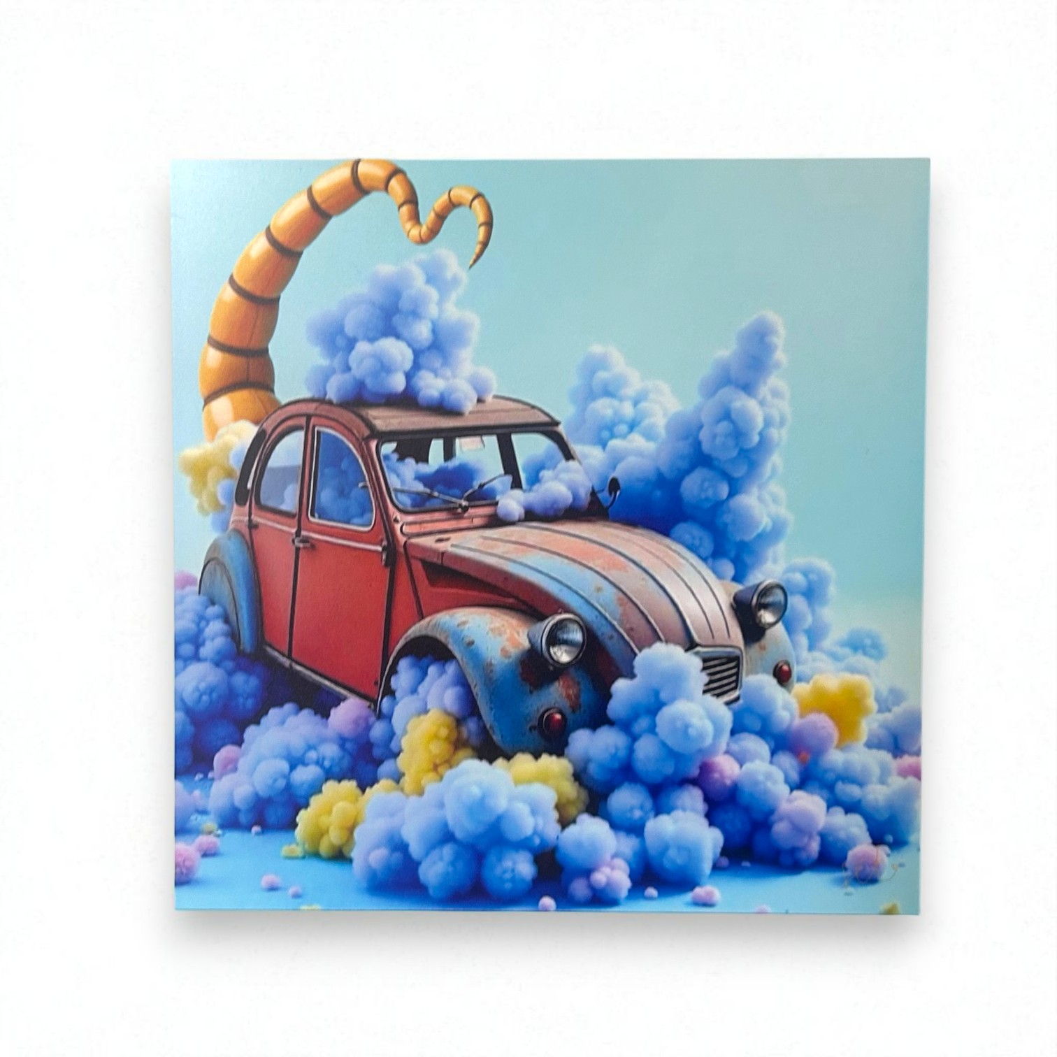 Tableau FLT Nuages en Vadrouille, une vue de face qui montre les détails de la voiture, des nuages en cotons et la queue de scorpion