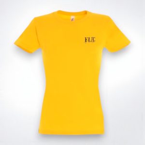 T-shirt jaune à col rond pour femme, en coton Urbain Curve, avec logo FLT noir